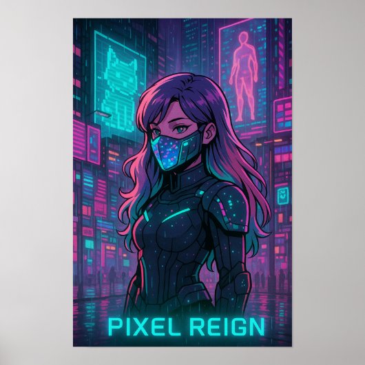 Cyberpunk Anime Girl - Pixel City Poster (Vorne)