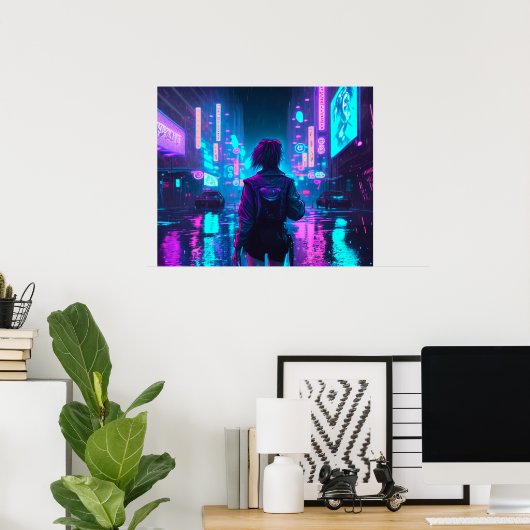 Cyberpunk-Anime-Girl regnerisch Stadtplakat Poster (Heimbüro)