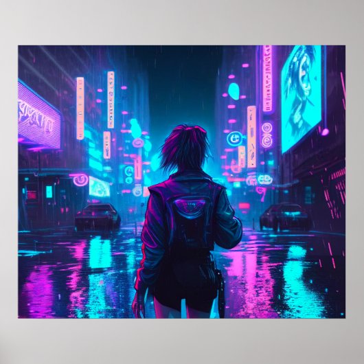 Cyberpunk-Anime-Girl regnerisch Stadtplakat Poster (Vorne)
