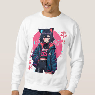Cyberpunk Anime Girl with Cat Ears- Neon Ästhetik Sweatshirt