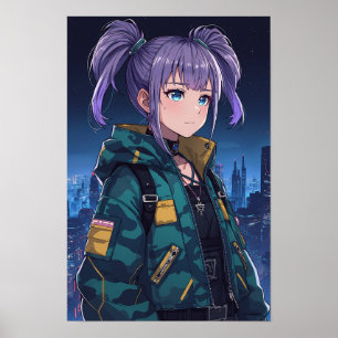 Cyberpunk-Anime-Girl-Zöpfe-Camo-Jacke-Kunst Poster