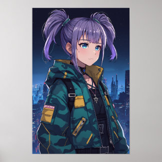 Cyberpunk-Anime-Girl-Zöpfe-Camo-Jacke-Kunst Poster