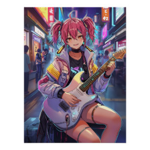 Cyberpunk-Anime-Gitarrenmädchen-Kunst Poster