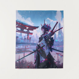 Cyberpunk Anime Japanese Miko Torii Gate Wandteppich
