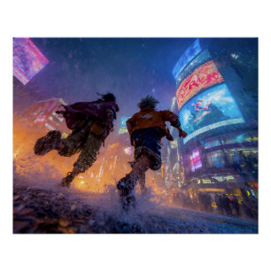 Cyberpunk-Anime-Krieger-Regen-Kampf Poster