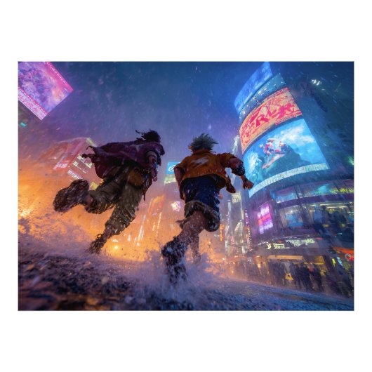 Cyberpunk Anime Warriors Rain Fight Fotodruck (Vorne)