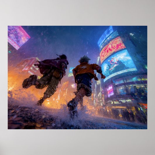 Cyberpunk Anime Warriors Rain Fight Poster (Vorne)