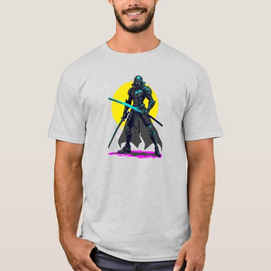 Cyberpunk Armored Samurai Neon Warrior Art T-Shirt (Vorderseite)