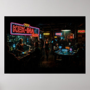 Cyberpunk-Bar mit holografischem Poker-Roboter-Bar Poster