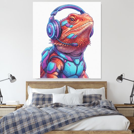 Cyberpunk-Bartiger Drache - Gamer-Echse mit Köpfen Leinwanddruck (Insitu (Schlafzimmer))