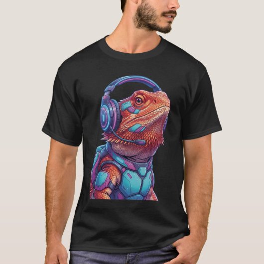 Cyberpunk Bearded Dragon Gamer Neon Lizard T-Shirt (Vorderseite)