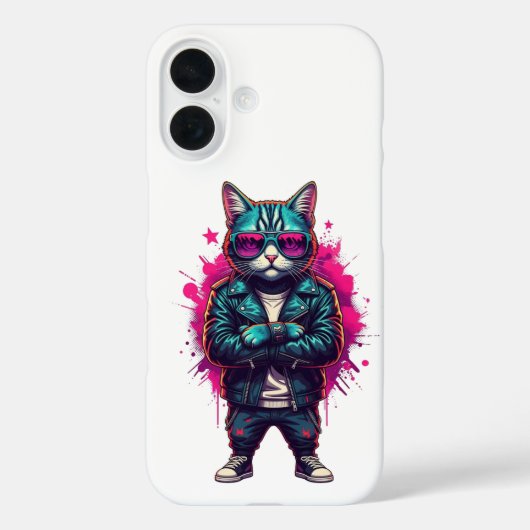 Cyberpunk Cat iPhone 16 Case - Neon Samurai Street (Rückseite)