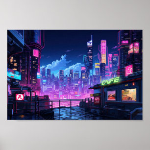 Cyberpunk City Night Café Poster