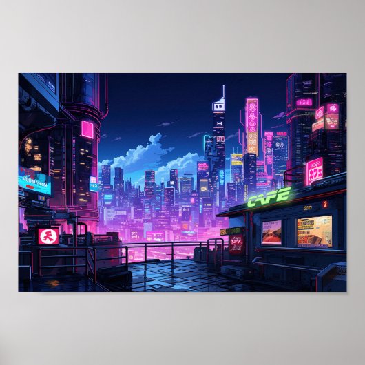 Cyberpunk City Night Café Poster (Vorne)