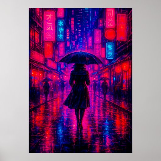 Cyberpunk City Night mit Neon Lights und Regenschi Poster (Vorne)