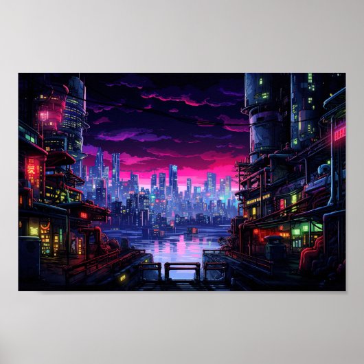 Cyberpunk City Waterfront Poster (Vorne)