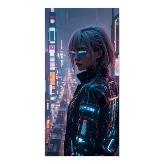 Cyberpunk Cityscape Poster Futuristische Weibliche (Vorderseite)