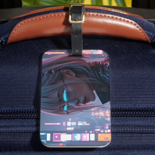 Cyberpunk Cityscape Poster Futuristische Weibliche Gepäckanhänger (Vorderseite Insitu 2)