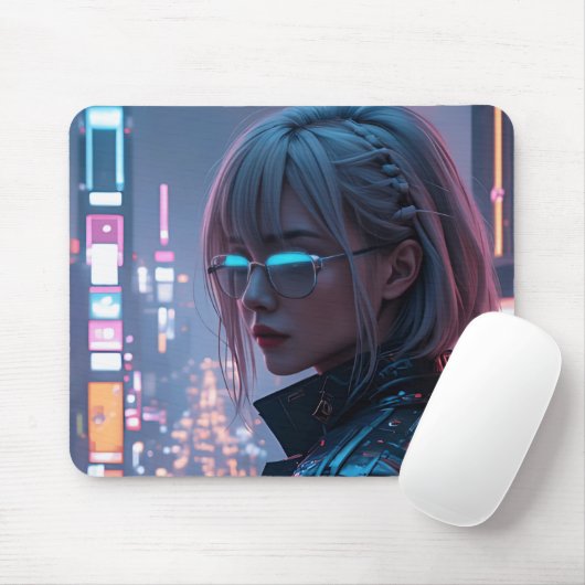 Cyberpunk Cityscape Poster Futuristische Weibliche Mousepad (Mit Mouse)