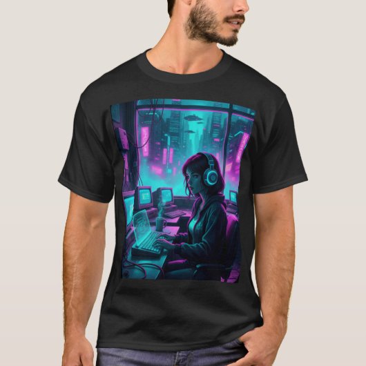 Cyberpunk Coder Girl – Retro Future Hacker Art T-Shirt (Vorderseite)