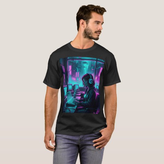 Cyberpunk Coder Girl – Retro Future Hacker Art T-Shirt (Vorne ganz)