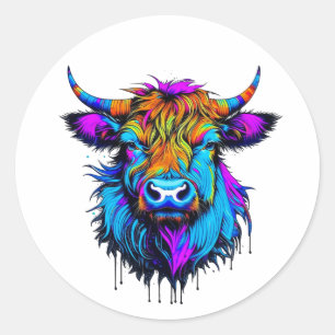 Cyberpunk Colorful Ai Highland Cow Runder Aufkleber