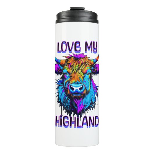 Cyberpunk Colorful Ai Highland Cow Thermosbecher (Vorderseite)