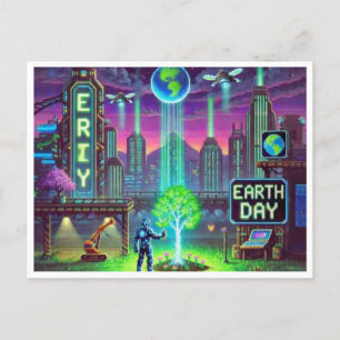 Cyberpunk Earth Day 16-Bit Pixel Art Postcard Feiertagspostkarte