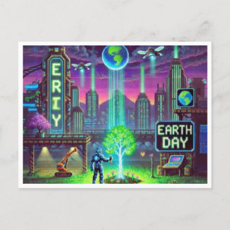 Cyberpunk Earth Day 16-Bit Pixel Art Postcard Feiertagspostkarte