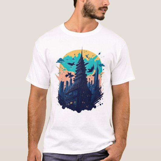 Cyberpunk-farbene Stadt im Wasserfarbenstil T-Shirt (Vorderseite)