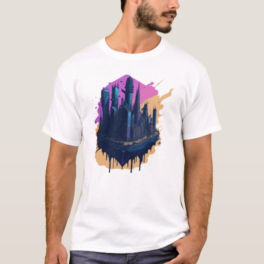 Cyberpunk-farbene Stadt im Wasserfarbenstil T-Shirt (Vorderseite)