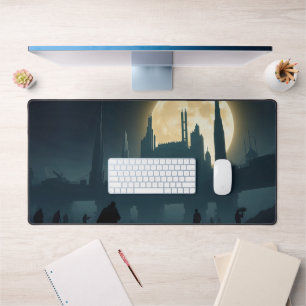 Cyberpunk Full Moon Desk Mat - Futuristische Citys Schreibtischunterlage