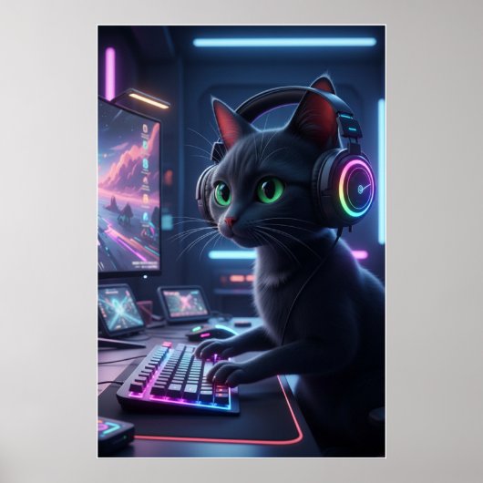 Cyberpunk Gamer Cat Art Poster (Vorne)