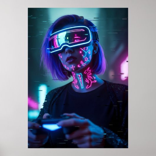 Cyberpunk-Gamerin-Kunst Poster (Vorne)