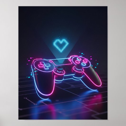 Cyberpunk Gaming Controller – Neon Pixel Heart Poster (Vorne)