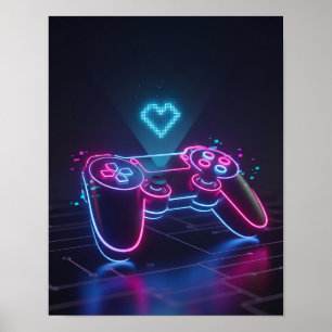 Cyberpunk-Gaming-Controller – Neon-Pixel-Herz Poster