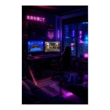 Cyberpunk-Gaming-Setup Neon-Raum-Ästhetik-Kunst-Po