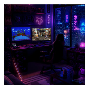 Cyberpunk-Gaming-Setup Neon-Raum-Ästhetik-Kunst-Po Poster