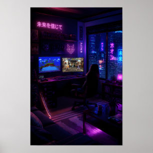 Cyberpunk-Gaming-Setup Neon-Raum-Ästhetik-Kunst Poster