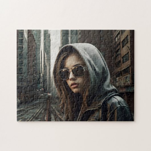 Cyberpunk Girl Hoodie Dystopian Puzzle (Horizontal)
