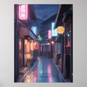 Cyberpunk Japan Straße Neon-Stadtlandschaft Anime  Poster