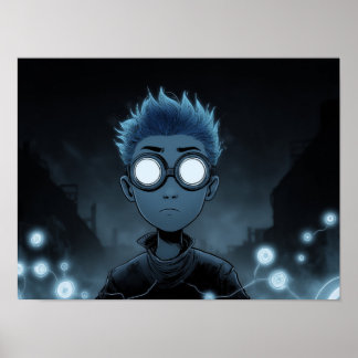 Cyberpunk-Junge mit leuchtenden Schutzbrillen und  Poster