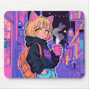Cyberpunk-Katz Mädchen-Mauspad – Neonaesthetic Mousepad