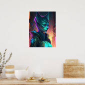 Cyberpunk-Katzenfrau in Neonstadt Poster (Küche)