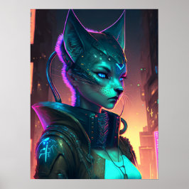 Cyberpunk-Katzenfrau in Neonstadt Poster