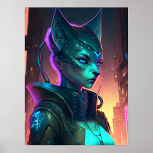 Cyberpunk-Katzenfrau in Neonstadt Poster