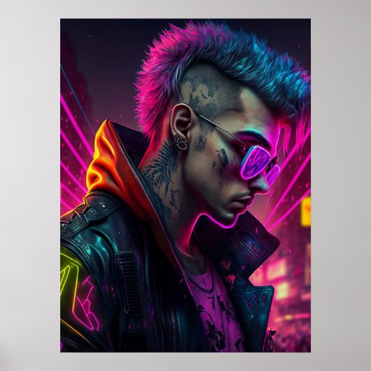 Cyberpunk-Mädchen in Neonstadt Poster (Vorne)