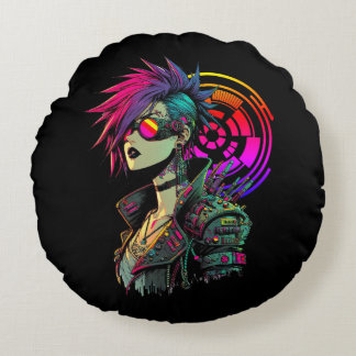 Cyberpunk Mädchen Rundes Kissen