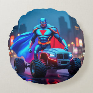 Cyberpunk-Monstertruck-Neon-Held-Wurfkissen Rundes Kissen