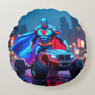 Cyberpunk-Monstertruck-Neon-Held-Wurfkissen Rundes Kissen